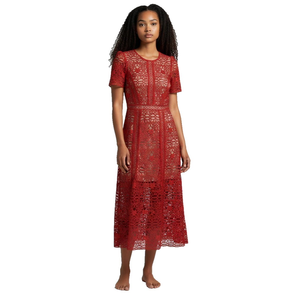 Self-Portrait Crimson Red Crochet Lace Midi Dress